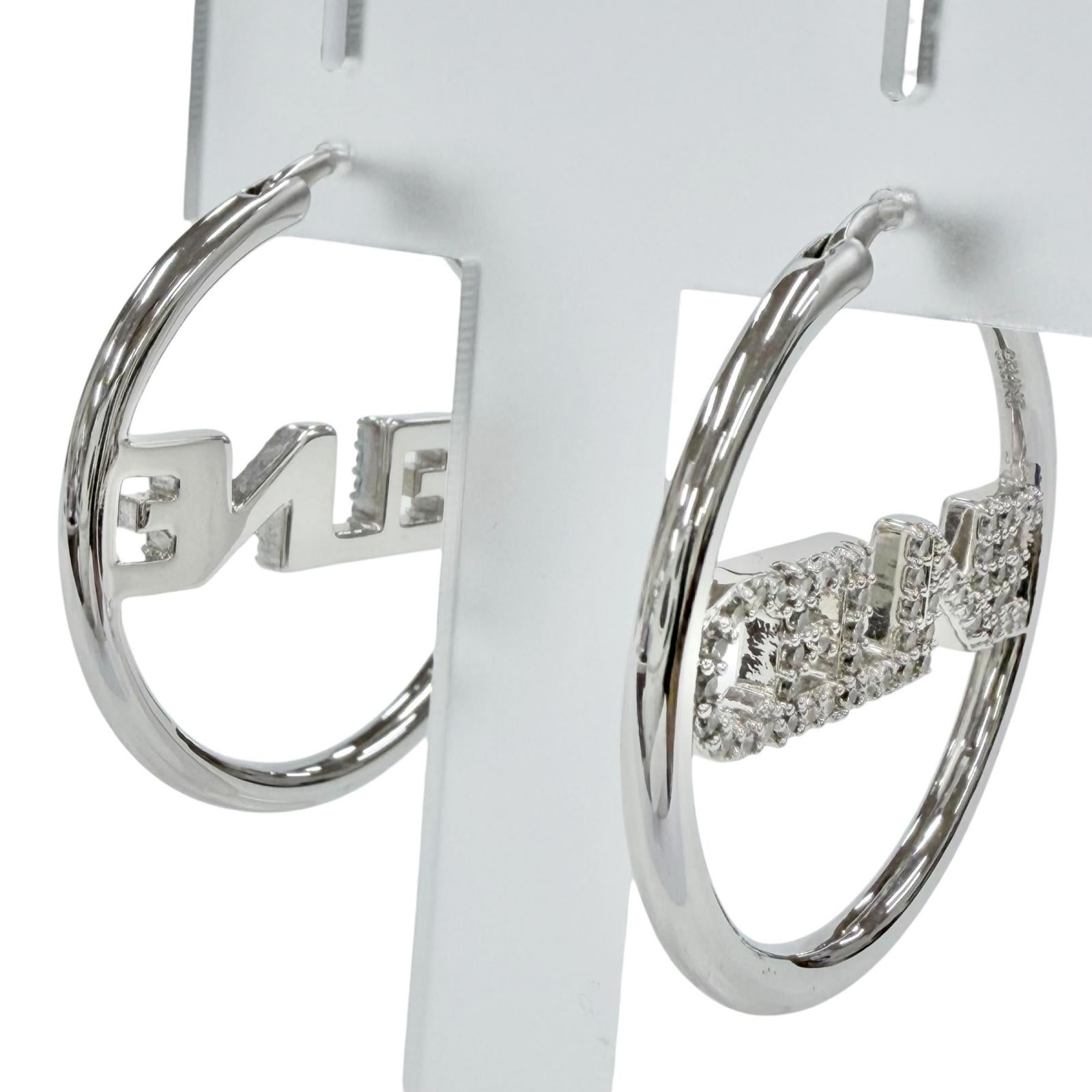 Great CELINE Pierce Logo Rhinestone Monochrome Strass Hoop Silver