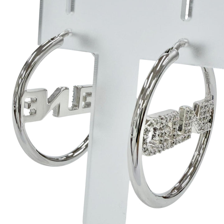 Great CELINE Pierce Logo Rhinestone Monochrome Strass Hoop Silver STT3273