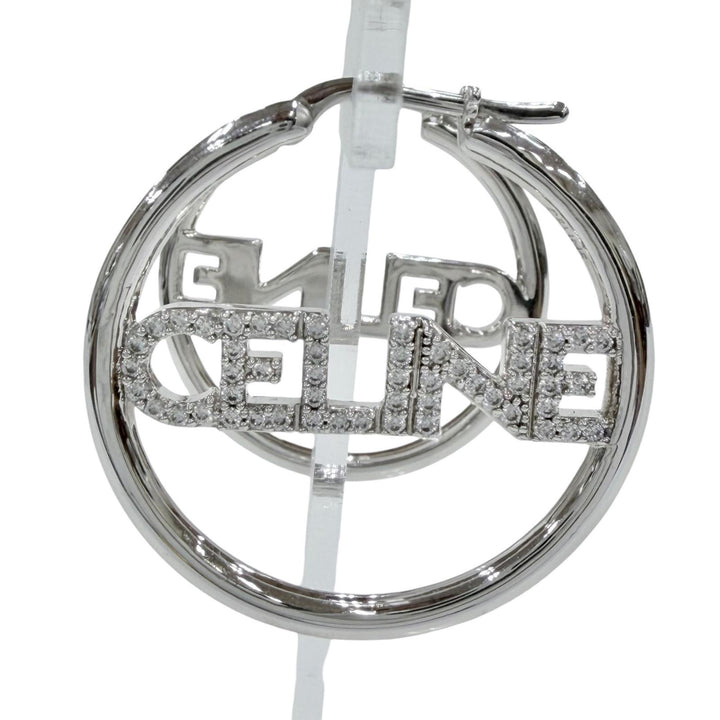 Great CELINE Pierce Logo Rhinestone Monochrome Strass Hoop Silver STT3273