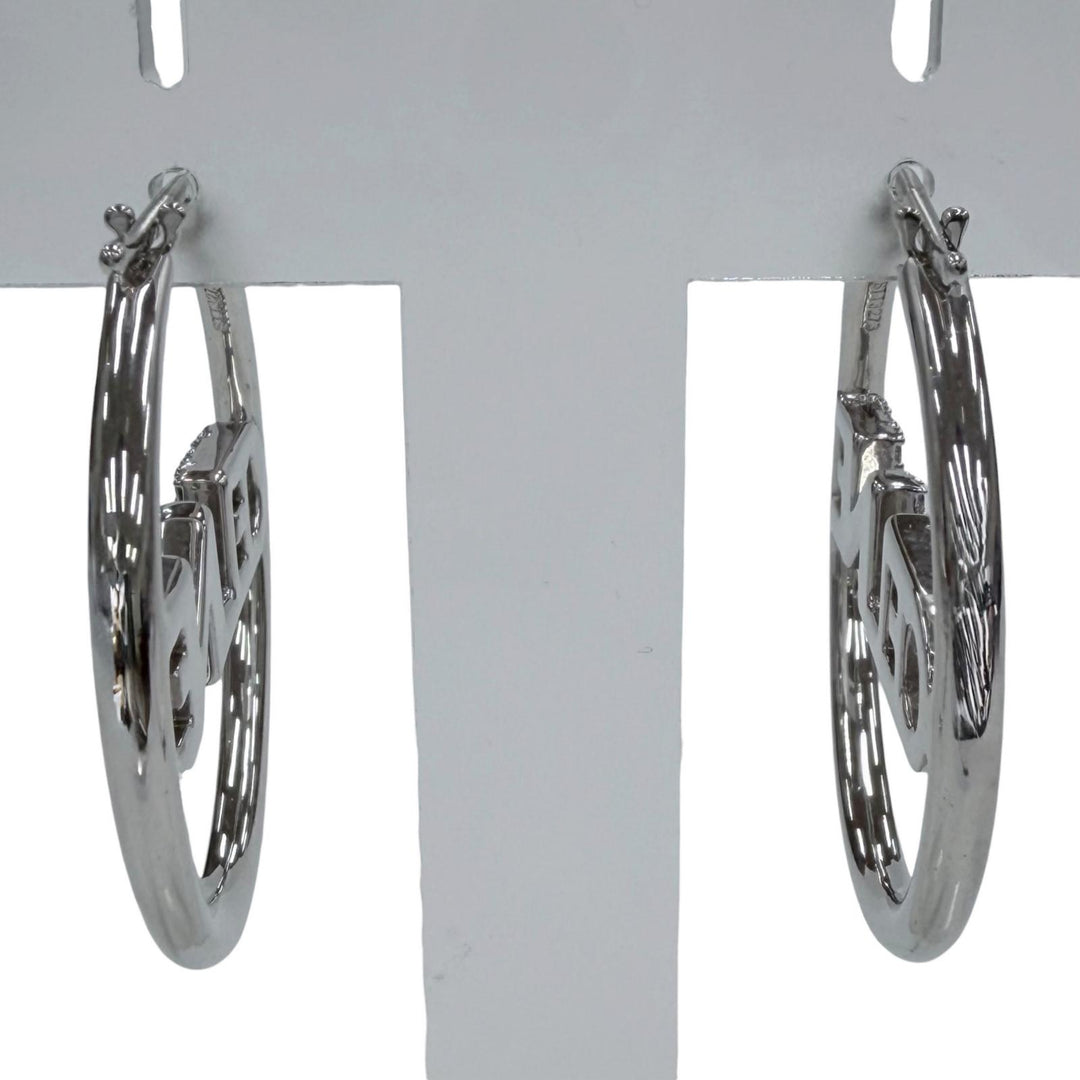 Great CELINE Pierce Logo Rhinestone Monochrome Strass Hoop Silver STT3273