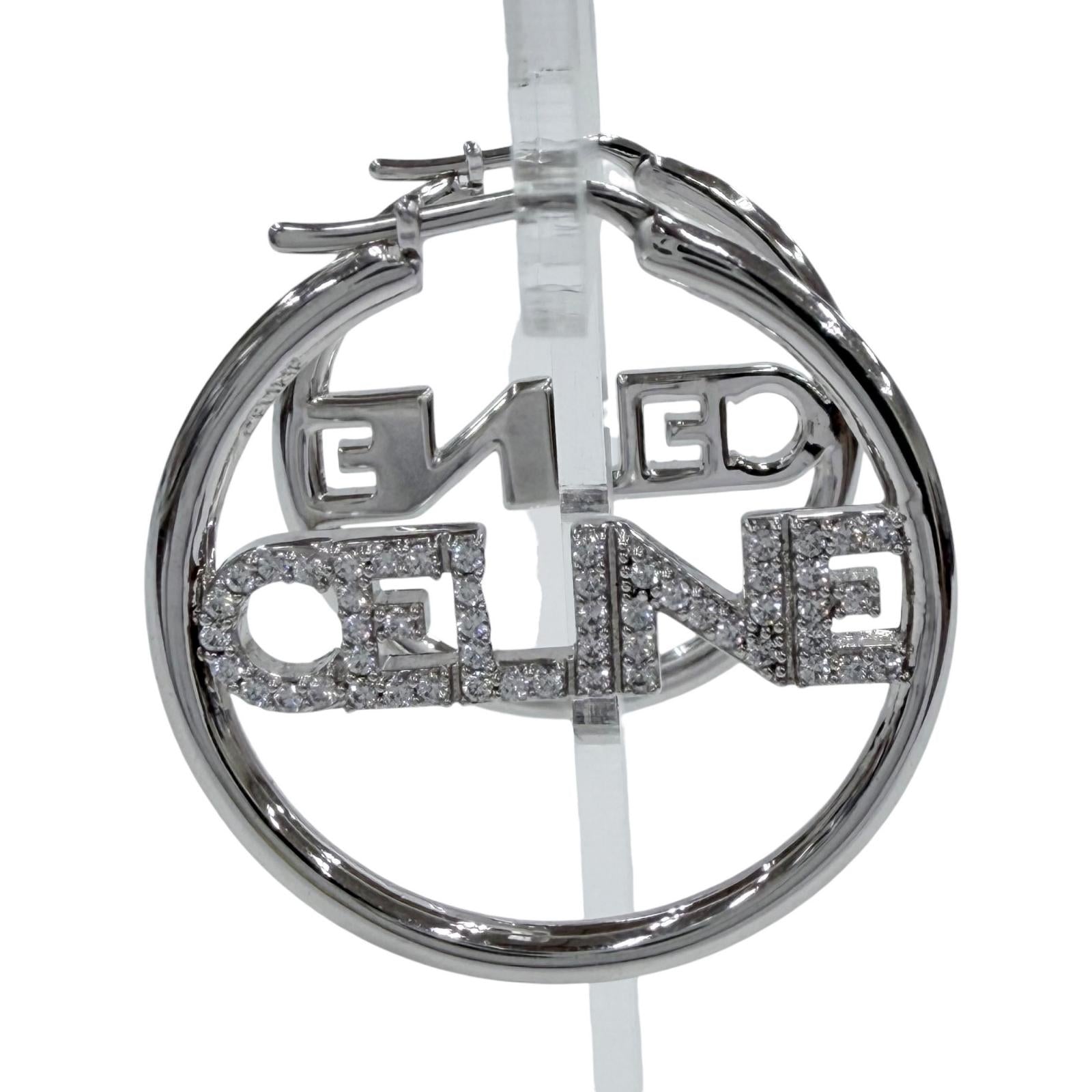 Great CELINE Pierce Logo Rhinestone Monochrome Strass Hoop Silver
