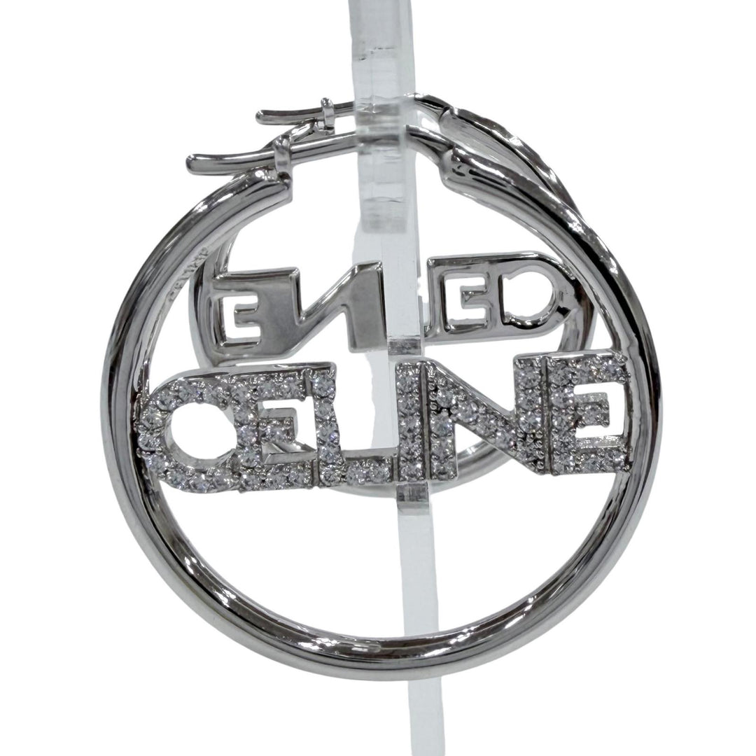 Great CELINE Pierce Logo Rhinestone Monochrome Strass Hoop Silver STT3273