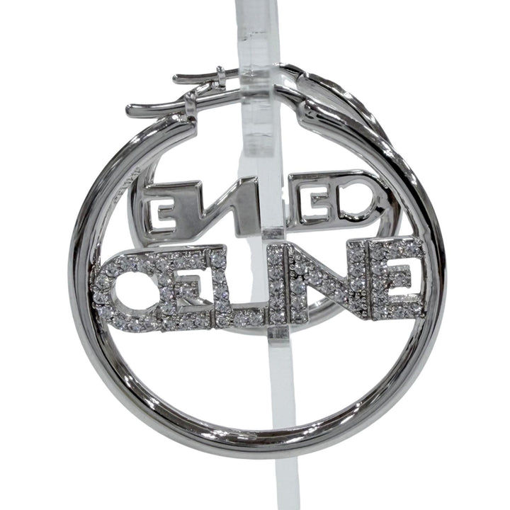 Great CELINE Pierce Logo Rhinestone Monochrome Strass Hoop Silver STT3273