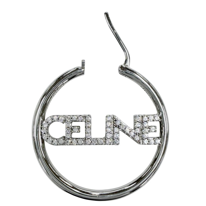 Great CELINE Pierce Logo Rhinestone Monochrome Strass Hoop Silver STT3273