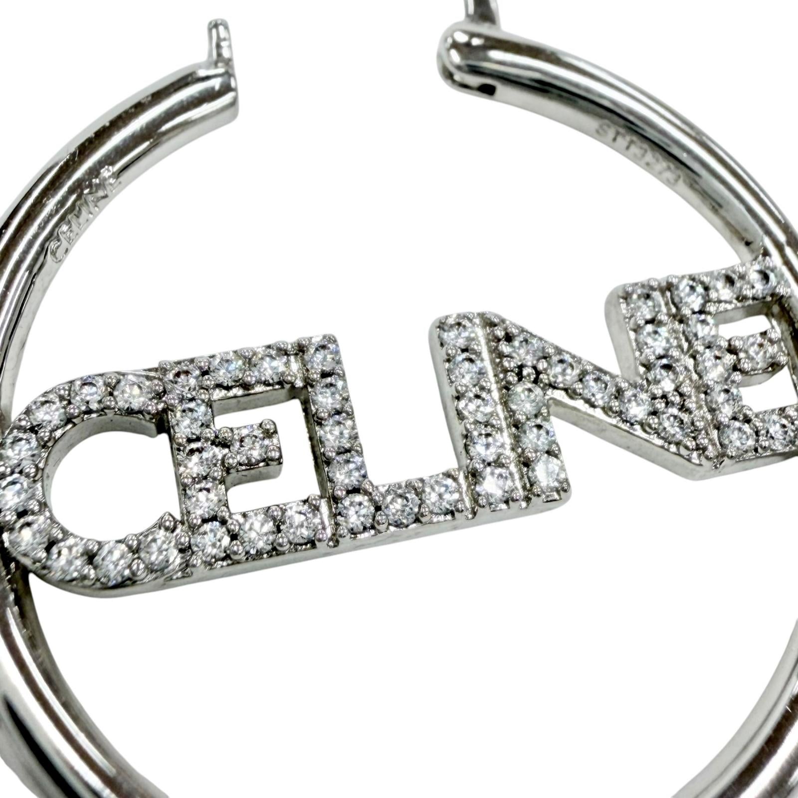 Great CELINE Pierce Logo Rhinestone Monochrome Strass Hoop Silver