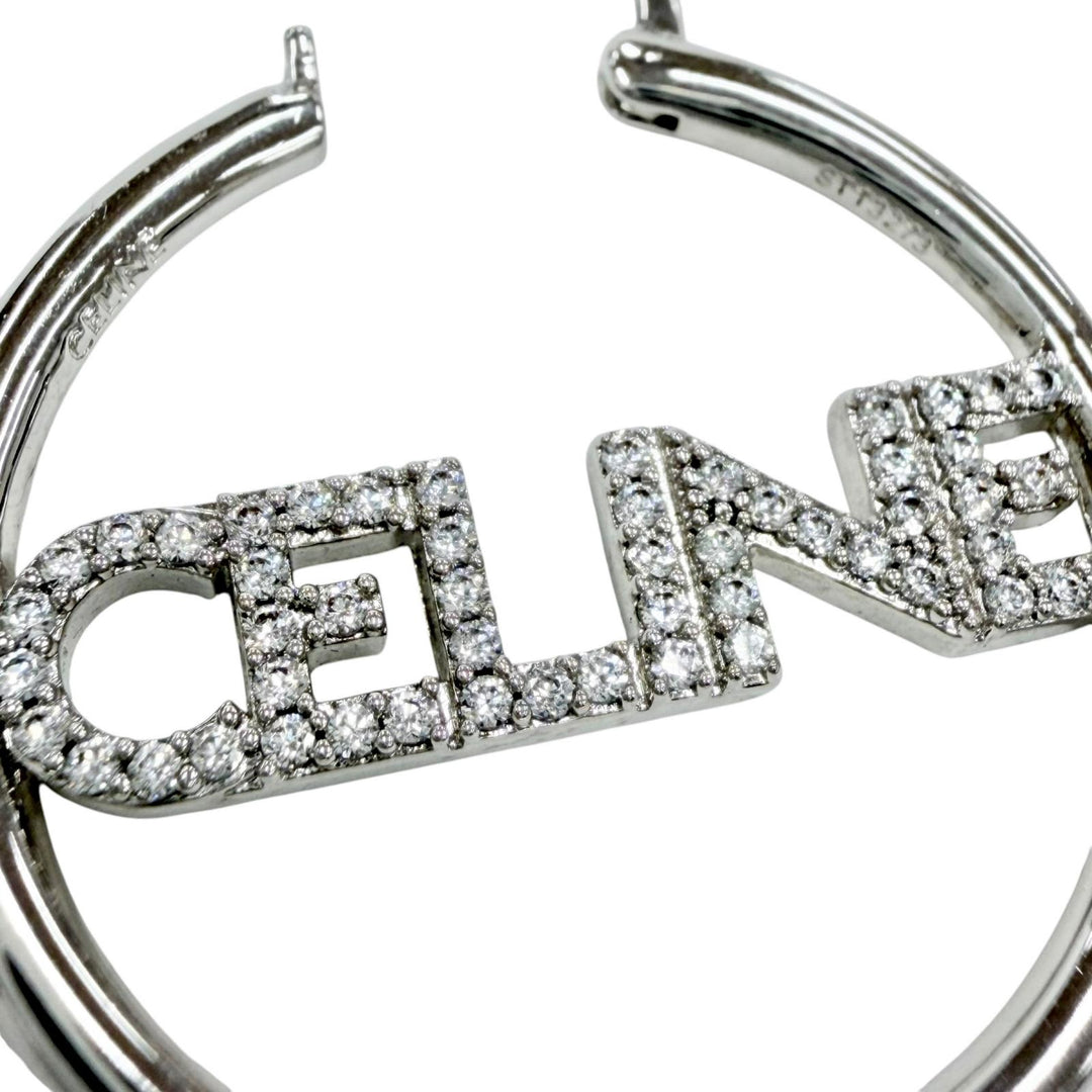 Great CELINE Pierce Logo Rhinestone Monochrome Strass Hoop Silver STT3273