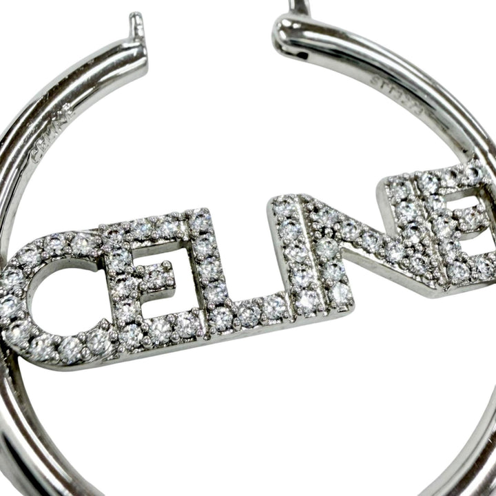 Great CELINE Pierce Logo Rhinestone Monochrome Strass Hoop Silver STT3273