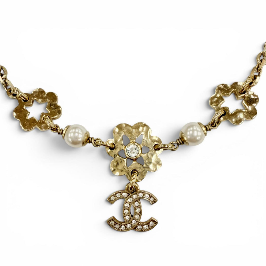 Great CHANEL Necklace COCO Mark Flower motif gold Rhinestone Women I25C ABE965