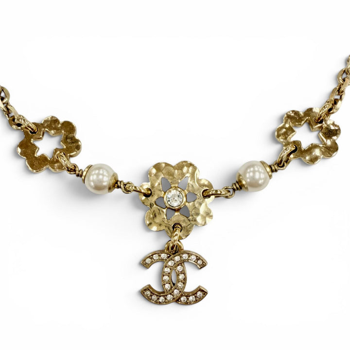 Great CHANEL Necklace COCO Mark Flower motif gold Rhinestone Women I25C ABE965