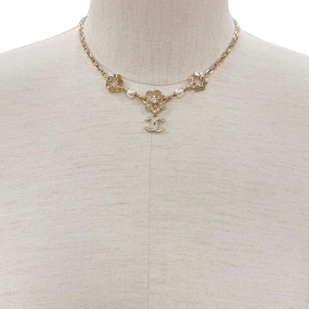 Great CHANEL Necklace COCO Mark Flower motif gold Rhinestone Women I25C ABE965