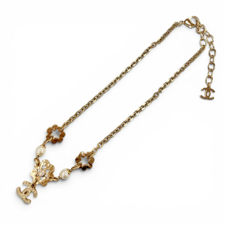 Great CHANEL Necklace COCO Mark Flower motif gold Rhinestone Women I25C ABE965