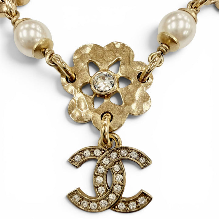 Great CHANEL Necklace COCO Mark Flower motif gold Rhinestone Women I25C ABE965