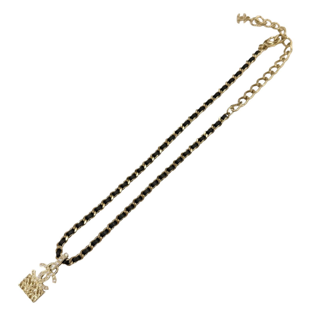 Excellent CHANEL Necklace COCO Mark gold Rhinestone Women A23B ABB548