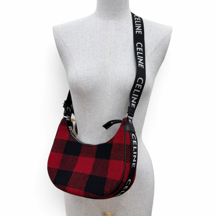 Excellent CELINE Medium Ava Check Shoulder Bag logo Red leather Women 19696