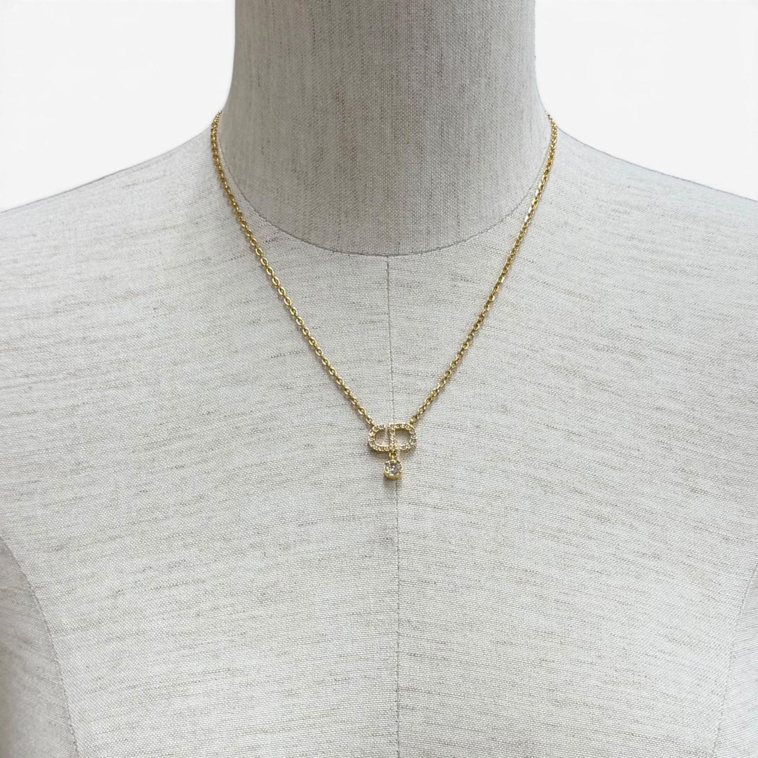 Excellent DIOR Necklace Petit CD Necklace Rhinestone gold Women N2890WOMCY