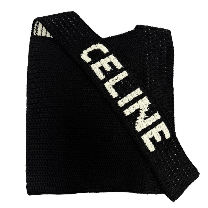 Pristine CELINE Crochet Knit Shoulder Bag Logo embroidery black cotton 2ADCS817X
