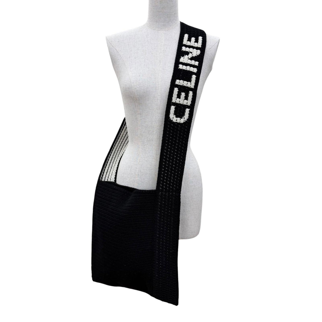 Pristine CELINE Crochet Knit Shoulder Bag Logo embroidery black cotton 2ADCS817X
