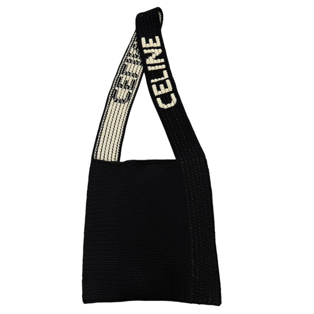 Pristine CELINE Crochet Knit Shoulder Bag Logo embroidery black cotton 2ADCS817X