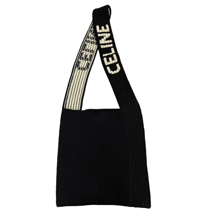 Pristine CELINE Crochet Knit Shoulder Bag Logo embroidery black cotton 2ADCS817X