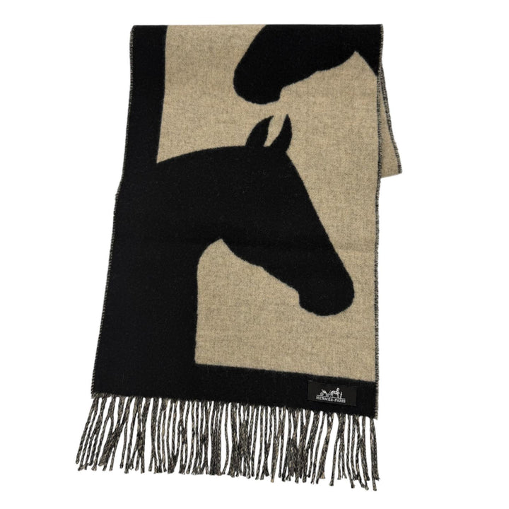 Excellent HERMES Scarf Love Story Scarf Horse pattern with fringe black cashmere