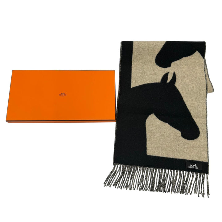 Excellent HERMES Scarf Love Story Scarf Horse pattern with fringe black cashmere