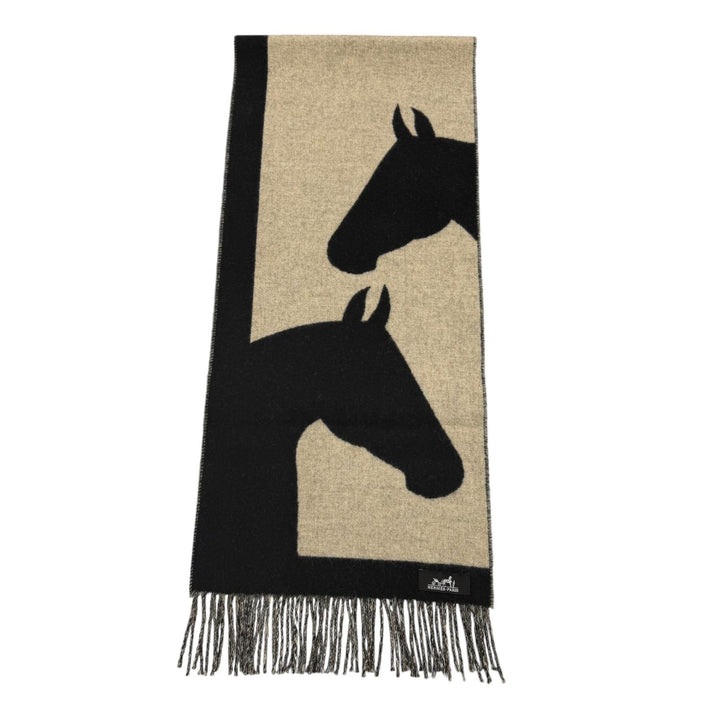 Excellent HERMES Scarf Love Story Scarf Horse pattern with fringe black cashmere