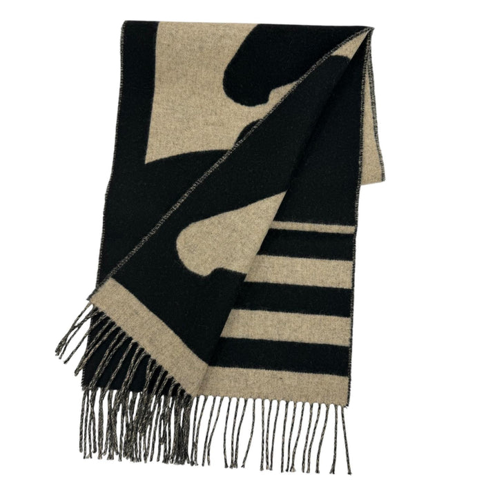 Excellent HERMES Scarf Love Story Scarf Horse pattern with fringe black cashmere