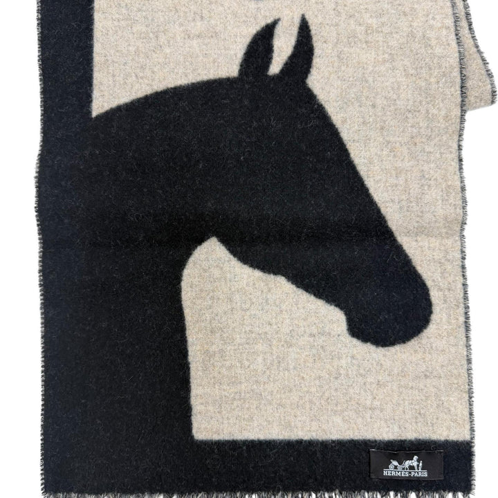 Excellent HERMES Scarf Love Story Scarf Horse pattern with fringe black cashmere