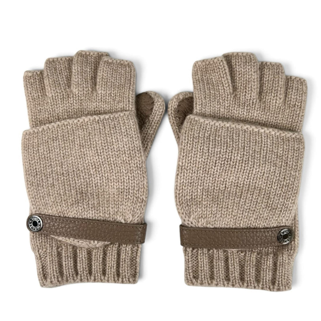 Excellent HERMES gloves Lionel Sellier button leather mittens Brown cashmere S