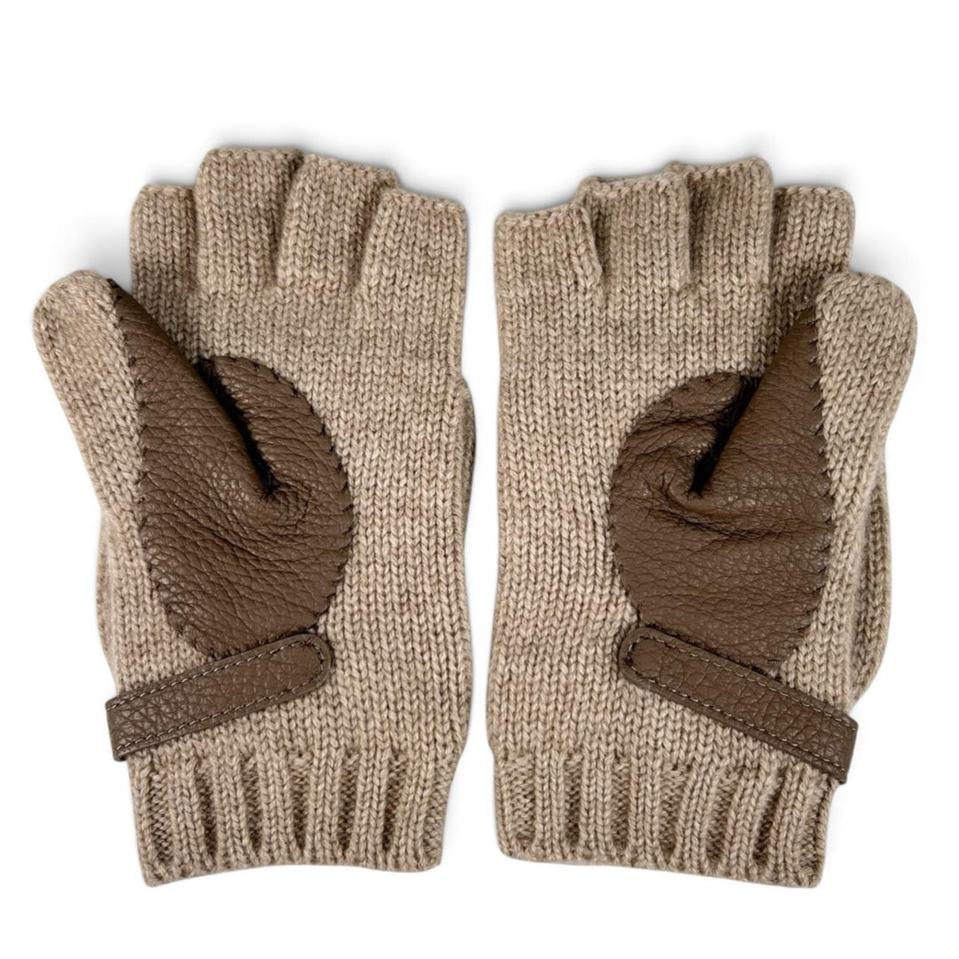 Excellent HERMES gloves Lionel Sellier button leather mittens Brown cashmere S