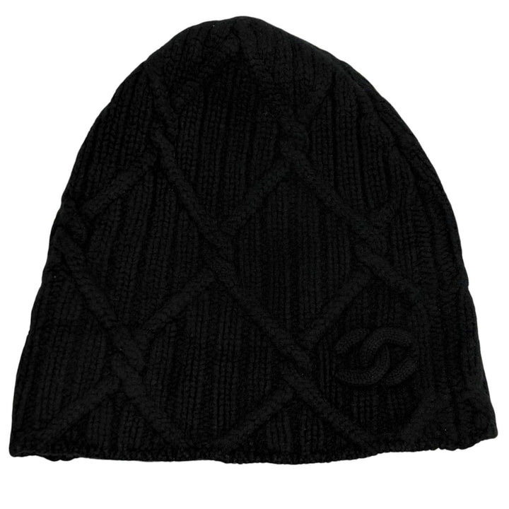 Great CHANEL Knit cap COCO Mark black cashmere Women 18B