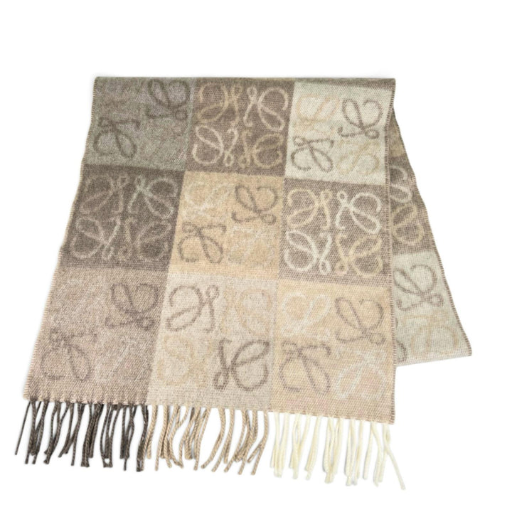 Great LOEWE Scarf Checkerboard scarf Anagram fringe beige wool Women