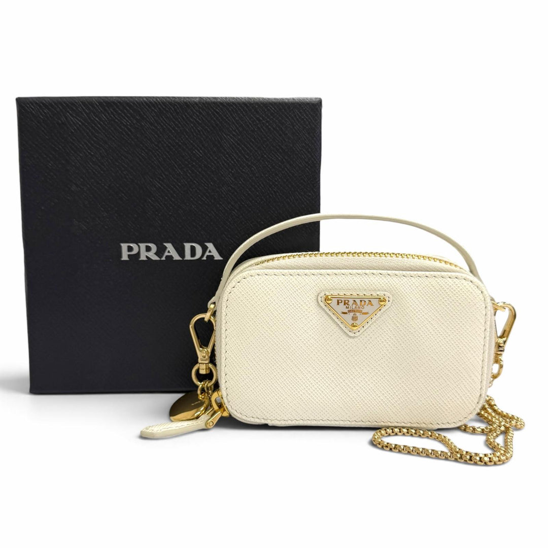 Excellent PRADA Pouch Triangle logo Saffiano leather chain shoulder strap 1NR025