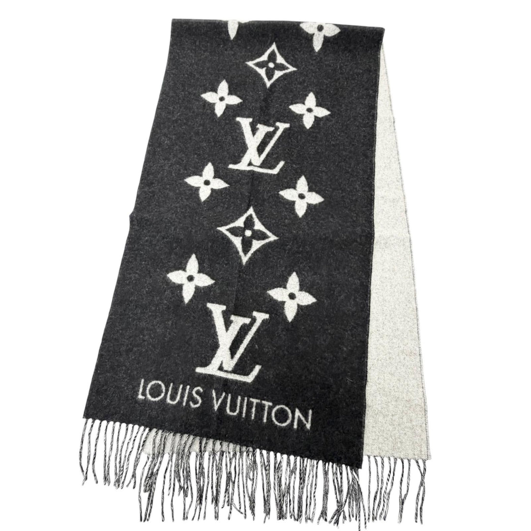 Excellent LOUIS VUITTON Scarf Escalp Reykjavik Monogram fringe black