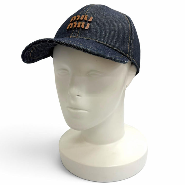 Excellent MIUMIU cap Logo leather patch denim baseball cap hat Indigo 5HC370