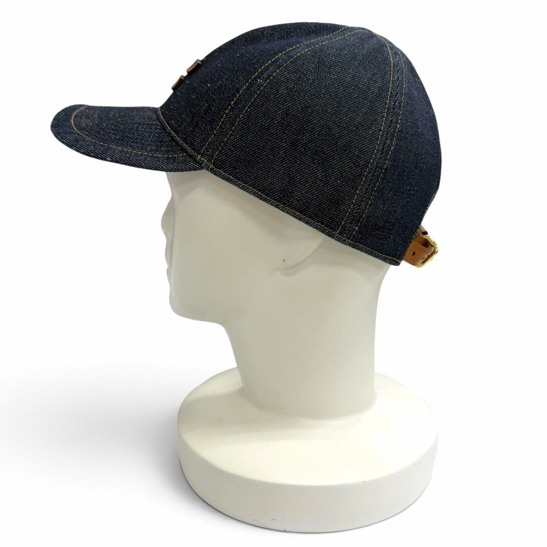 Excellent MIUMIU cap Logo leather patch denim baseball cap hat Indigo 5HC370