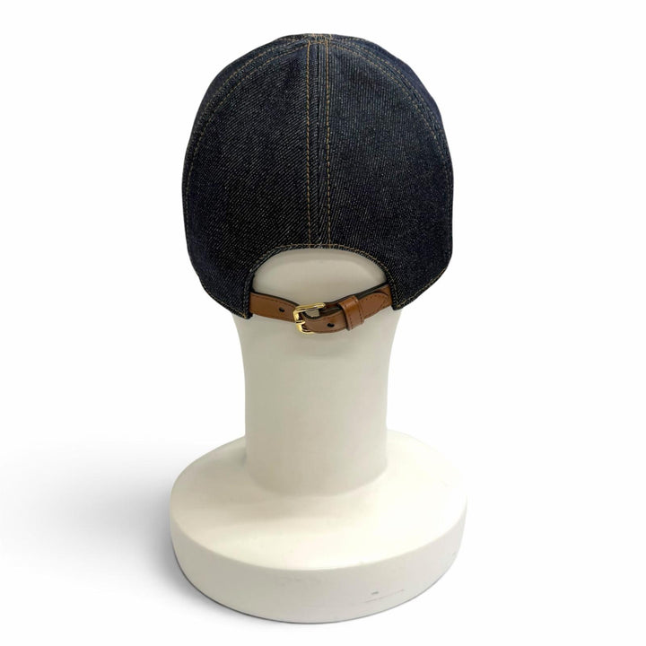 Excellent MIUMIU cap Logo leather patch denim baseball cap hat Indigo 5HC370
