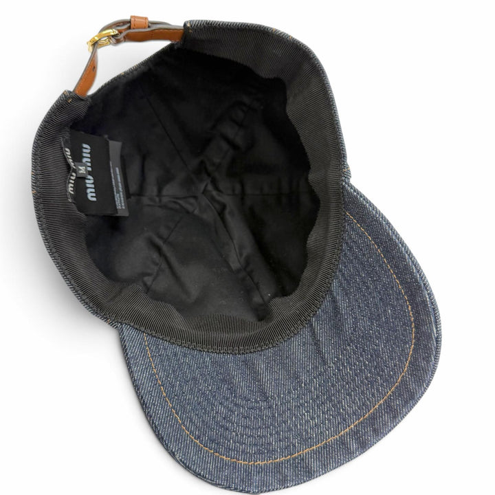 Excellent MIUMIU cap Logo leather patch denim baseball cap hat Indigo 5HC370