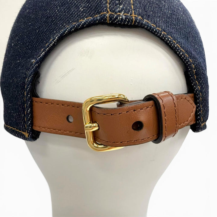 Excellent MIUMIU cap Logo leather patch denim baseball cap hat Indigo 5HC370