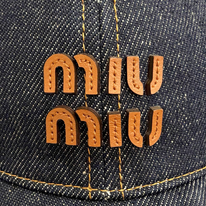 Excellent MIUMIU cap Logo leather patch denim baseball cap hat Indigo 5HC370