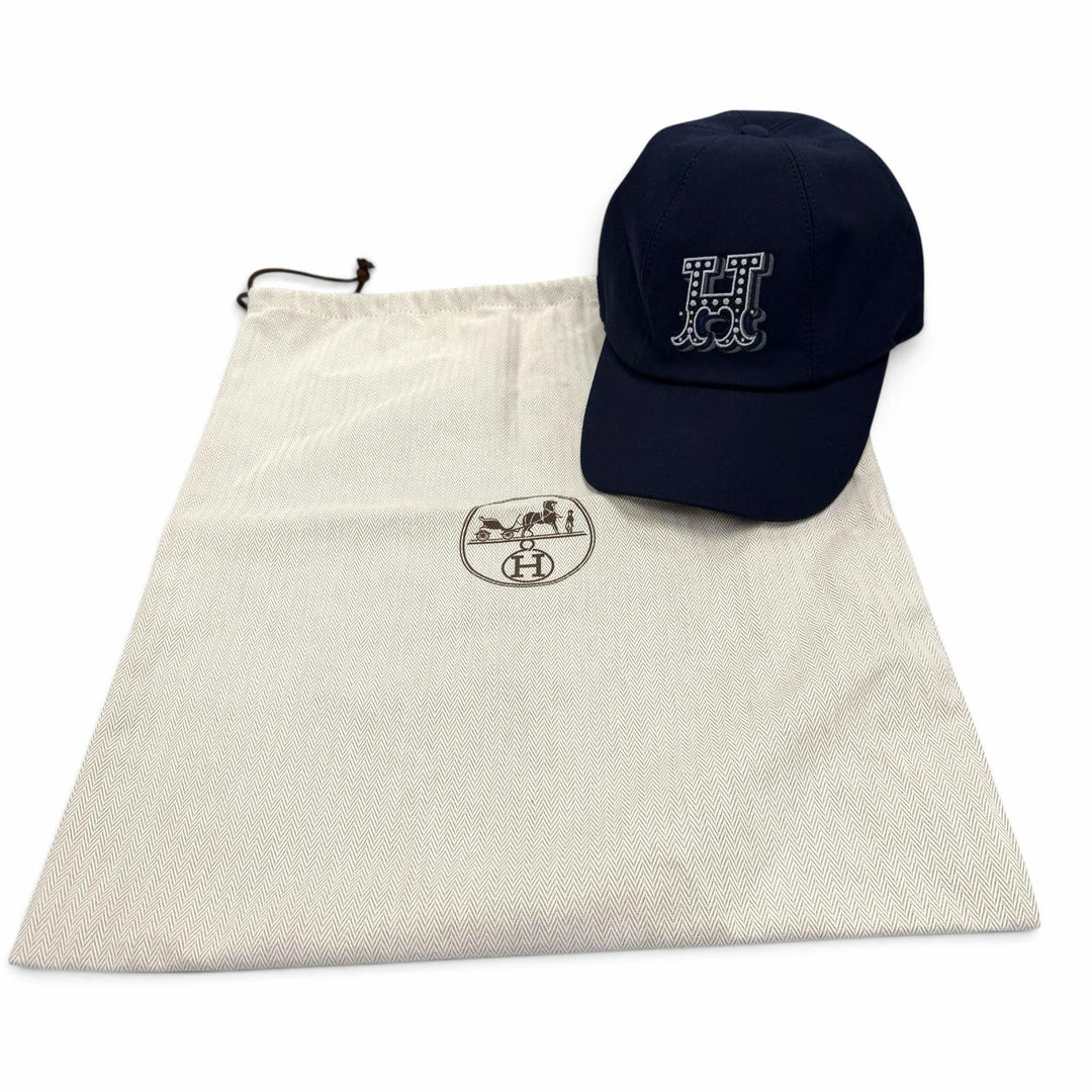 Excellent HERMES cap Serena H Electric Serie Metal logo embroidered hat Navy 57