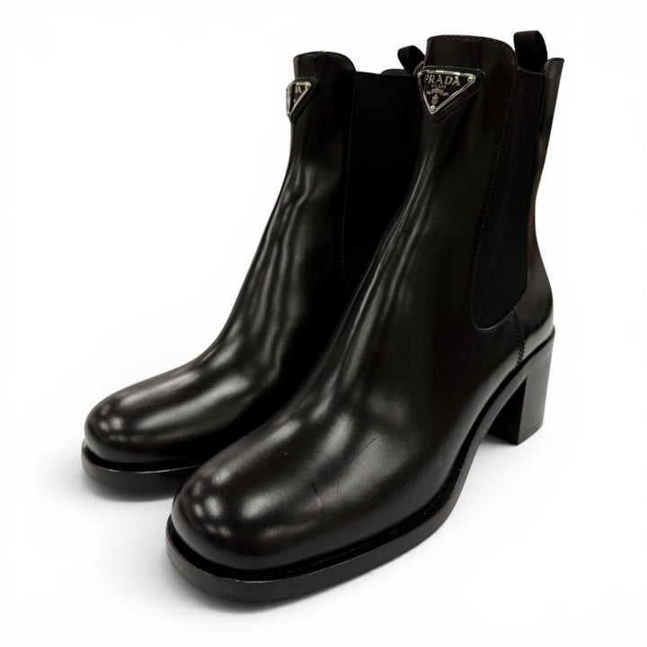 Excellent PRADA short boots Triangle logo brushed leather side gore 38 1T227N