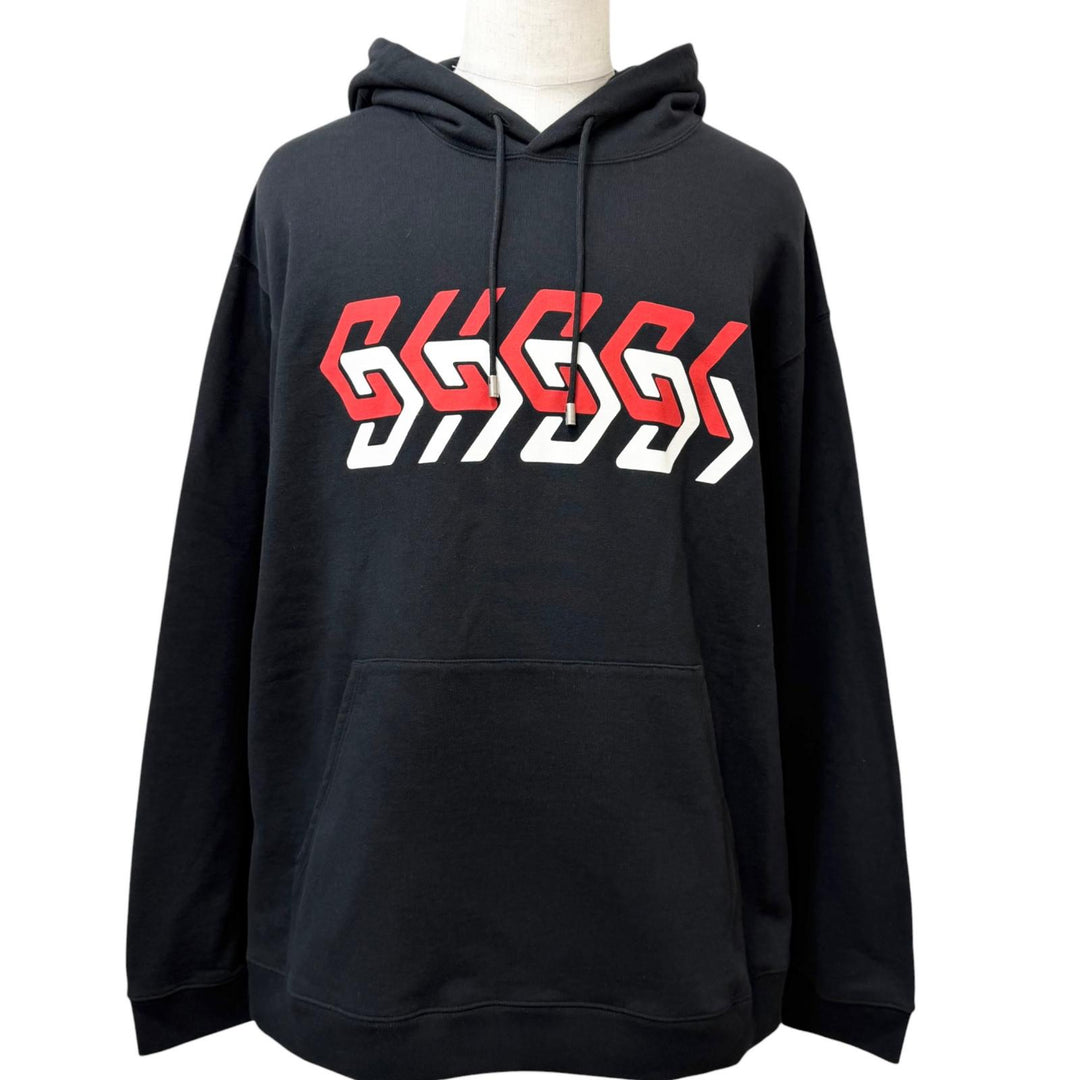 Excellent GUCCI hoodie Logo print pullover black cotton mens XXL 681210