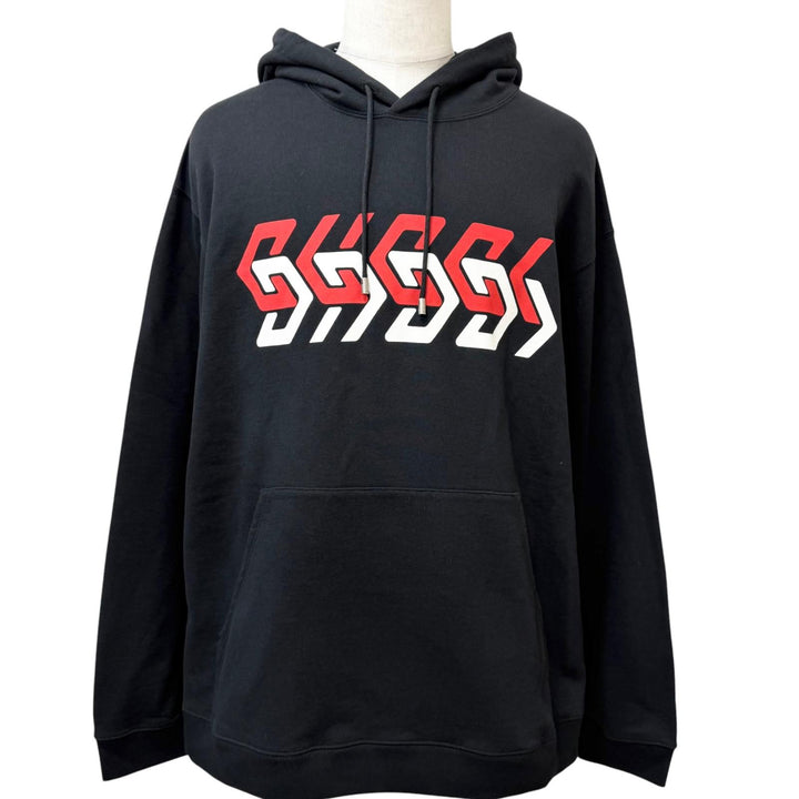 Excellent GUCCI hoodie Logo print pullover black cotton mens XXL 681210