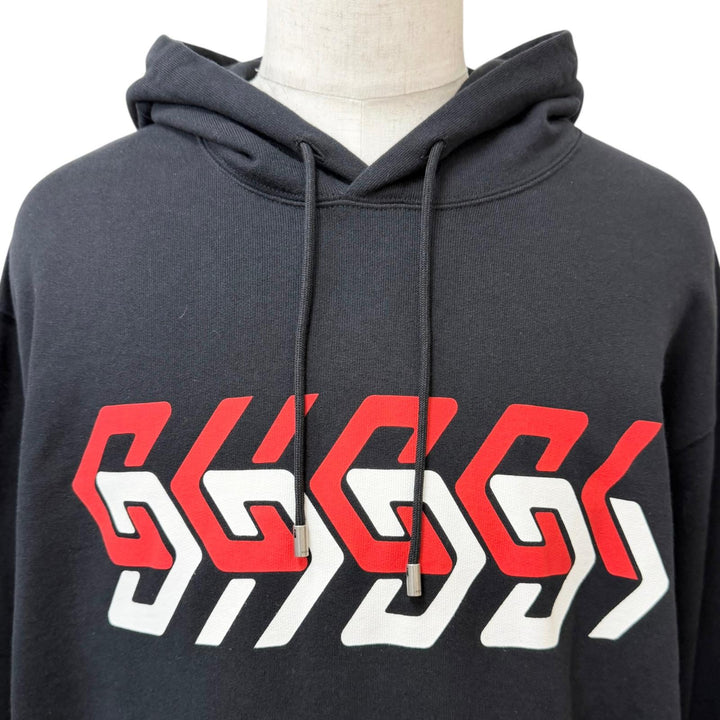 Excellent GUCCI hoodie Logo print pullover black cotton mens XXL 681210