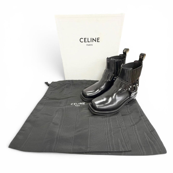Great CELINE Camargue Harness side-gore biker Chelsea boots short boots black 38