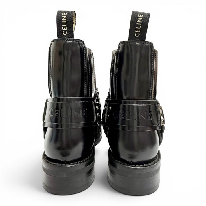 Great CELINE Camargue Harness side-gore biker Chelsea boots short boots black 38