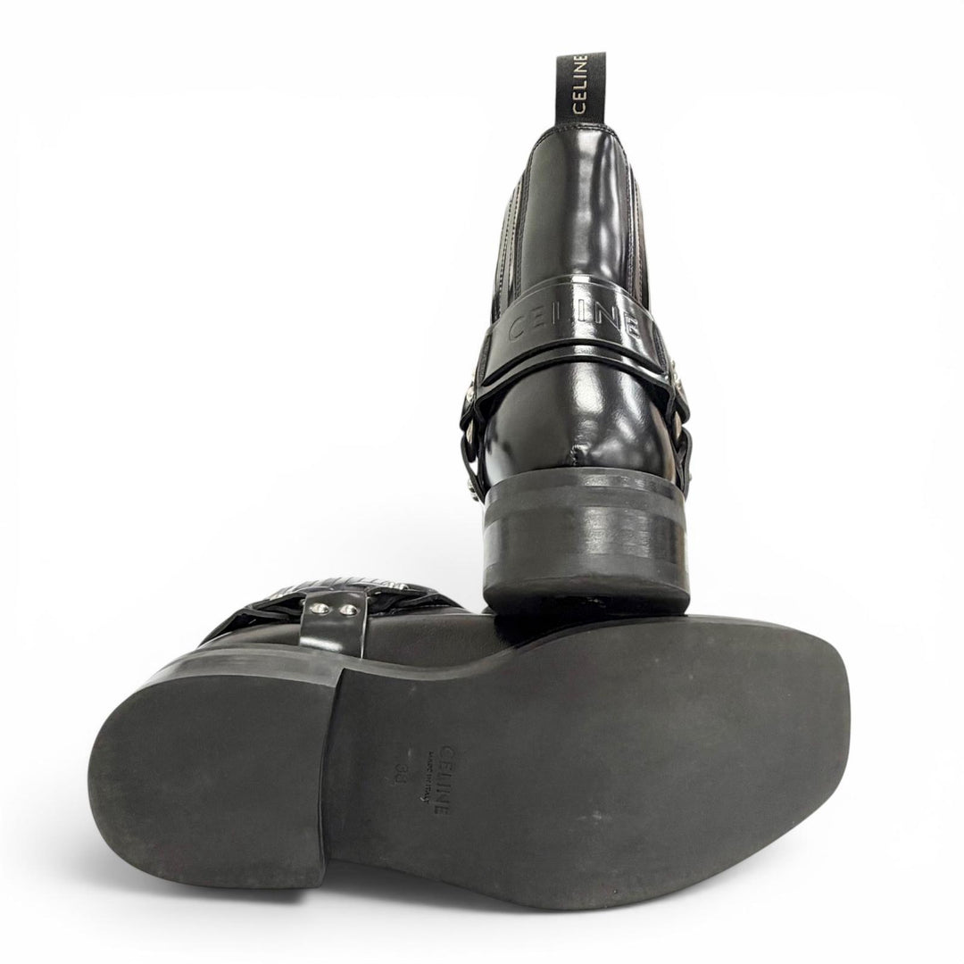 Great CELINE Camargue Harness side-gore biker Chelsea boots short boots black 38