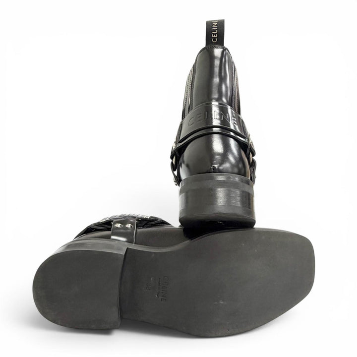 Great CELINE Camargue Harness side-gore biker Chelsea boots short boots black 38