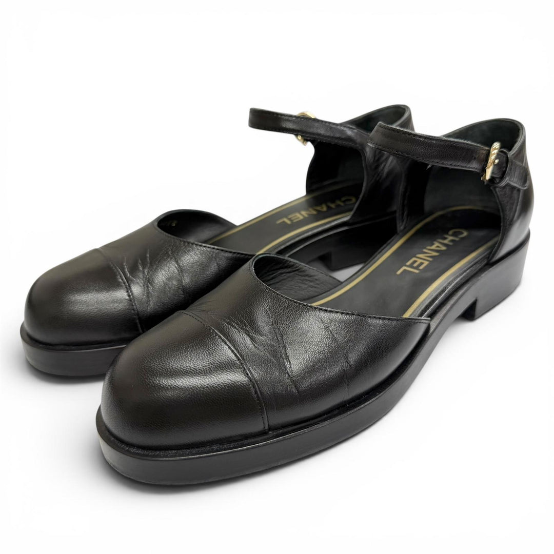Great CHANEL pumps Merry Jane COCO MarkChain Ankle Strap black leather 38 G39858